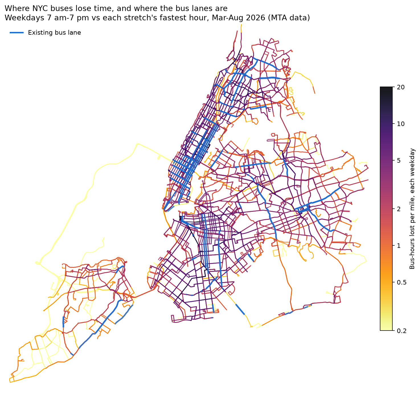 Map of bus time lost and bus lanes